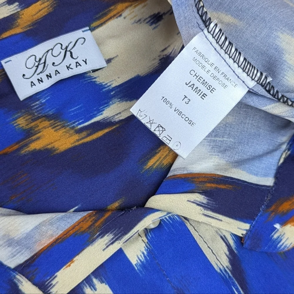 ANNA KAY Button Front Blouse Top Long Sleeve Spread Collar Abstract Print Blue L - Picture 11 of 11